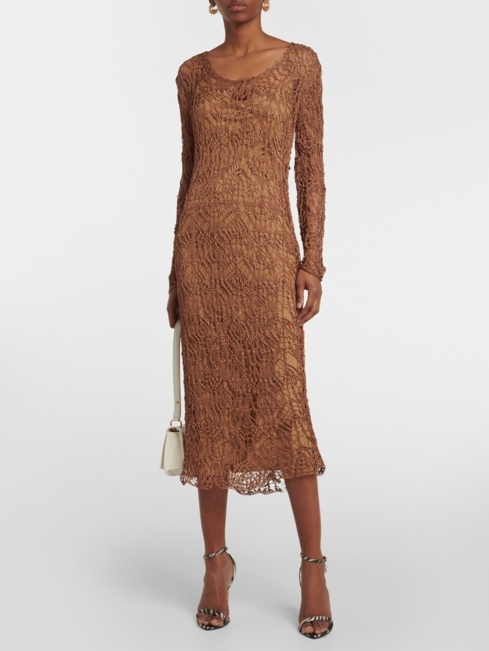 Tom Ford Brown Lace Long-Sleeve Midi Dress L